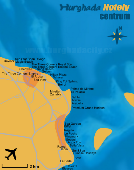 Hurghada - plán, mapa hotelů - centrum