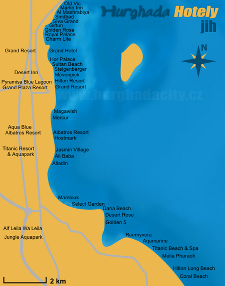 Hurghada - plán, mapa hotelů - jih