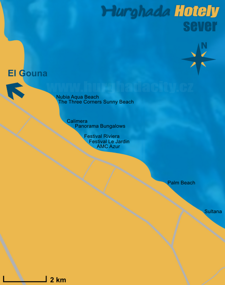 Hurghada - plán, mapa hotelů - sever