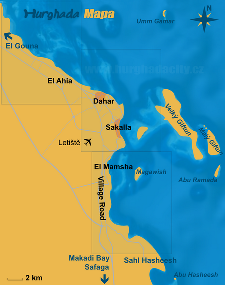Hurghada - plán, mapa hotelů